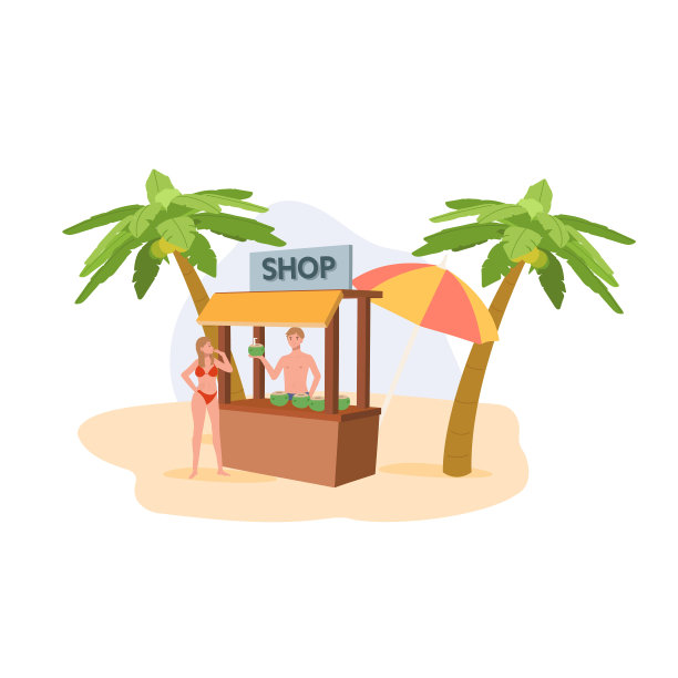 海滩购物概念。暑假和热带市集。晴天在海滩购物。平面矢量卡通插图图片下载