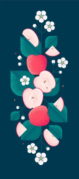 成熟的红苹果，带着叶子和花朵。带有纹理和噪声纹理的插图。图片下载