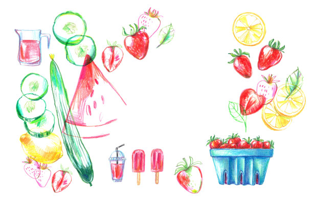 手绘夏季奶昔配方插图，玻璃和配料海报图片下载