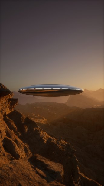 一个碟形不明飞行物从山顶俯冲而出，在空中迅速飞行图片下载