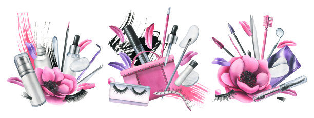 粉红色化妆袋，配有美容大师的睫毛延伸和层压工具，配有刷子，硅胶卷。水彩插图，手绘。白色背景上的一组构图图片下载