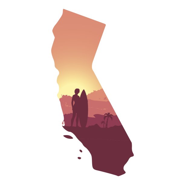 年轻女子拿着冲浪板摆姿势。刷油漆背景。加利福尼亚地图的双重曝光效果。日落的景色图片下载