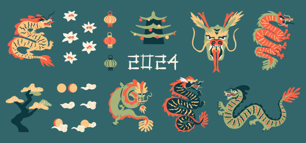 东方中国绿木龙剪纸集，2024年新年矢量集。圣诞树以传统亚洲四合院的形式装饰，百合花、树、云、太阳、纸灯笼。图片下载