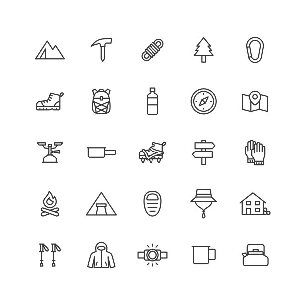 关于登山的线条画图标集。图片下载