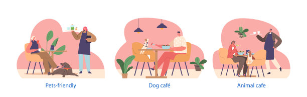 孤立的元素与主人的角色参观咖啡馆与动物。宠物爱好者享受他们的咖啡矢量插图图片下载