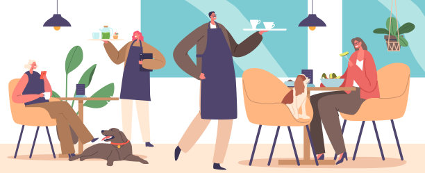 人物喜欢和他们的宠物一起去咖啡馆，创造一个舒适的氛围。宠物带来快乐和放松，矢量图片下载