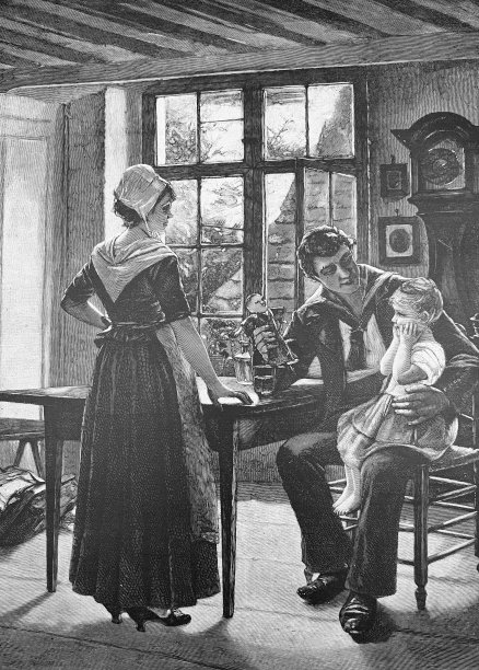 水手快乐的回家，一家人带着孩子在客厅里图片下载