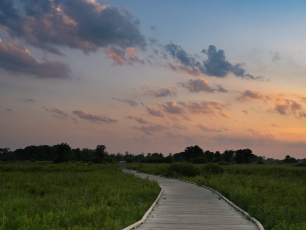 湿地自然保护区，五颜六色的云反射日落的颜色图片下载