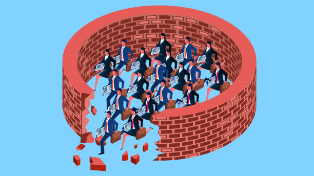 开始竞争，就业机会和职业竞争，就业，求职和招聘，一群商人跑出了破碎的出口墙图片下载