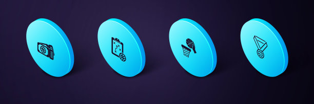 设置等距篮球奖章，篮子，计划战略和比赛门票图标。向量图片下载