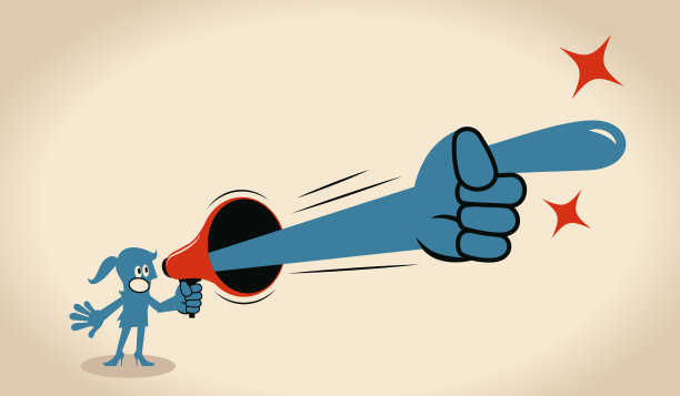 蓝色的女商人正在通过扩音器说话，用食指指着图片下载