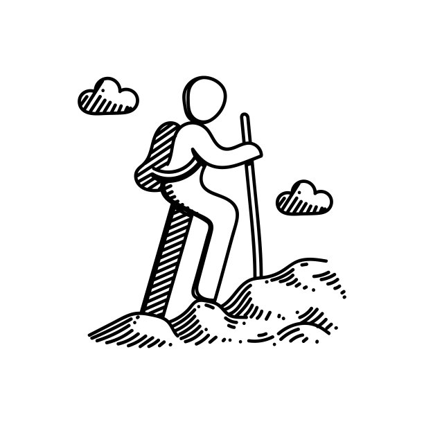 山徒步线图标，素描设计，像素完美，可编辑的笔画。自然之美，探险，登山杆，图片下载