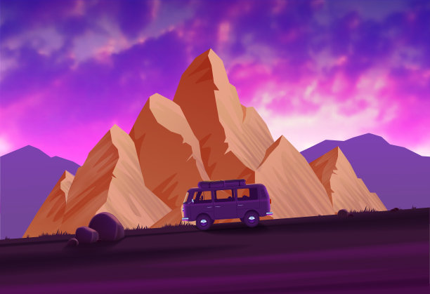 山景日落与面包车和云图片下载