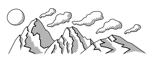 有山、有山、有天的景观。自然的插图。雕刻风格。图片下载