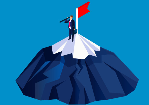 商人拿着望远镜站在山顶的旗子旁边，遥望远方，寻找成功的经验和机会图片下载