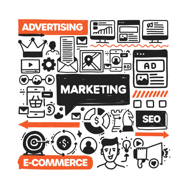 营销对象和要素。矢量涂鸦插图收集。手绘图标集或横幅模板图片下载