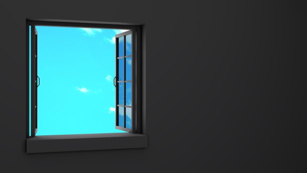 黑色的窗户和蓝色的天空。图片下载