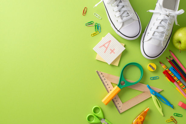 成以学习、反思为重点的组织。创意自上而下的照片，以一双鞋和各种教育材料为背景，浅绿色，适合文字或宣传位置图片下载