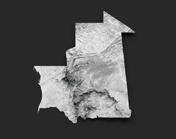 三维毛里塔尼亚地图黑色和白色阴影浮雕半斜视地图黑色背景三维插图图片下载