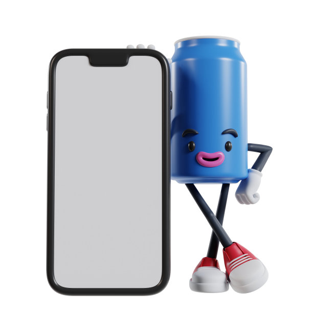 蓝色的软饮料卡通人物站在大手机旁边，双腿交叉，双手放在臀部图片下载