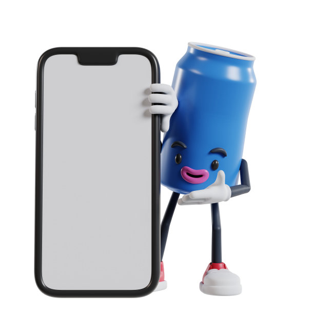 一个蓝色的软饮料卡通人物从一个大手机后面偷看，用手显示屏幕上的内容图片下载