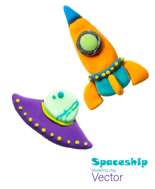现实的3d卡通飞行火箭在白色背景。可爱的风格飞船。彩色明亮的矢量插图。手工制作的粘土，橡皮泥。创意概念艺术图片下载