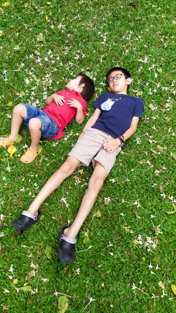 一张垂直的照片显示了两个孩子舒适地躺在自然环境中的草坪上。图片下载