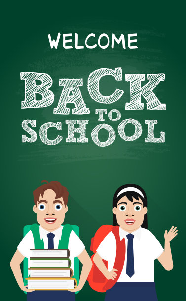 欢迎回到学校的概念设计平面上的绿色背景，女孩和男孩在校服图片下载