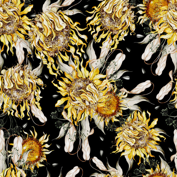 水彩无缝图案与向日葵和树叶。图片下载