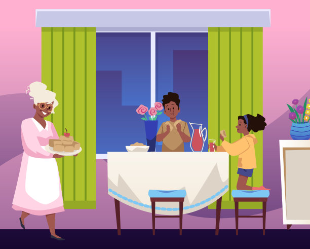 快乐的祖母与纸杯蛋糕矢量插图，舒适的餐厅，孩子们被对待奶奶的糕点图片下载