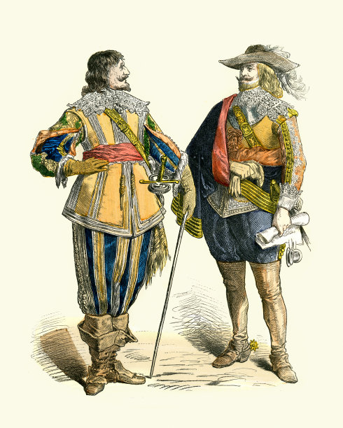 17世纪德国的传统服饰，贵族男子，束腰外衣，宽边帽，蕾丝，靴子图片下载