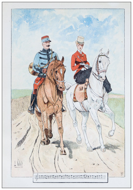 古董插图的马，骑士和骑兵:夫妇图片下载