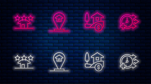 设置线位置的房子，房子与美元，房地产和时钟。砖墙上发光的霓虹灯图标。向量图片下载