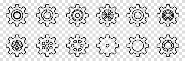 简单齿轮收集。齿轮。齿轮图标轮廓集。设置齿轮图标。机器齿轮图标矢量集。齿轮图标。不同风格的图标集。透明背景上的矢量插图。图片下载