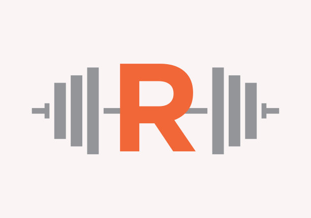 字母R健身标志设计。健身房和健身俱乐部符号与杠铃图标模板图片下载