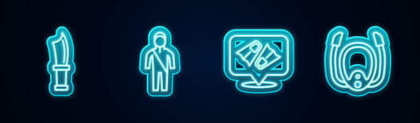 潜水刀，潜水服，游泳脚蹼和带通气管的面罩。发光的霓虹灯图标。向量图片下载