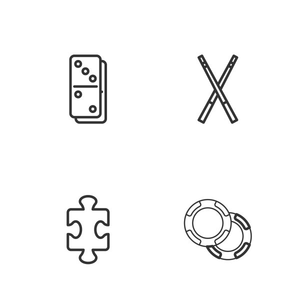 设置线赌场筹码，拼图棋子玩具，多米诺骨牌和交叉台球线索图标。向量图片下载