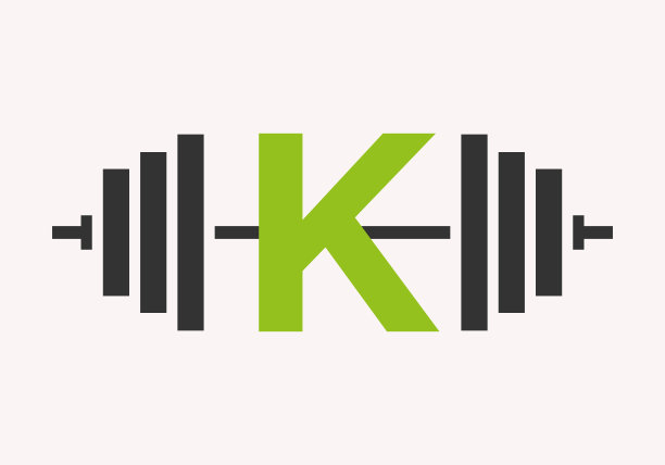 字母K健身标志设计。健身房和健身俱乐部符号与杠铃图标模板图片下载