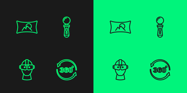 设置线360度视图，虚拟现实眼镜，广角画面和VR控制器游戏图标。向量图片下载