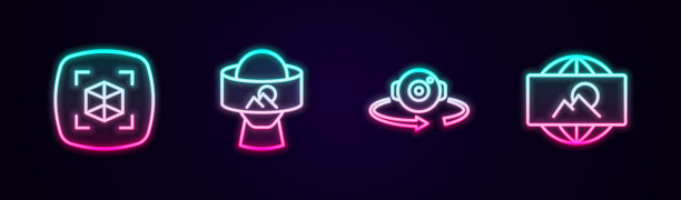 集线3d建模，虚拟现实眼镜，360度视角和广角画面。发光的霓虹灯图标。向量图片下载