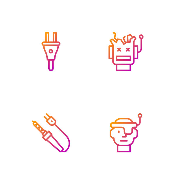 集智能眼镜、烙铁、电插头、破碎机器人为一体。渐变颜色图标。向量图片下载