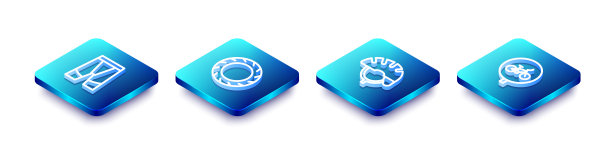 设置等距线自行车短裤，自行车车轮轮胎，头盔和图标。向量图片下载