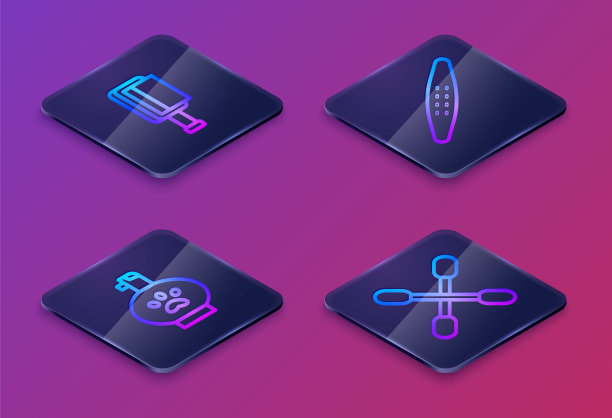 设置等距线狗和猫的毛刷，宠物洗发水，指甲锉宠物和棉签的耳朵。蓝色方形按钮。向量图片下载