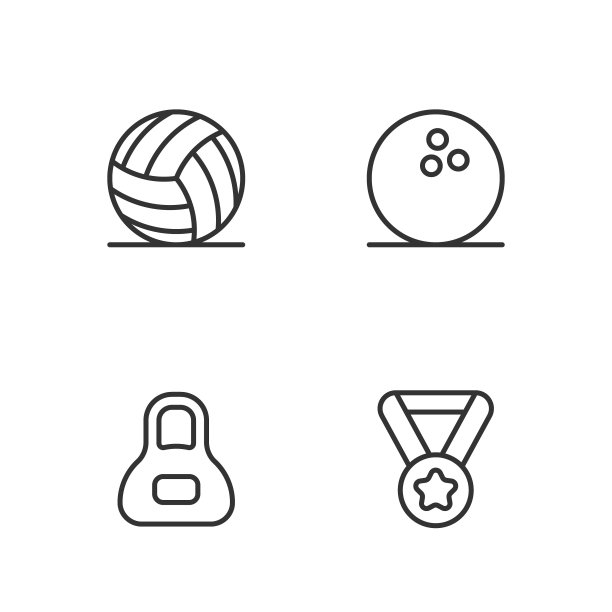 设置线奖牌，重量，排球和保龄球图标。向量图片下载