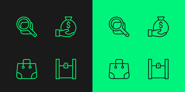 设置线纸购物袋，放大镜和金钱图标。向量图片下载