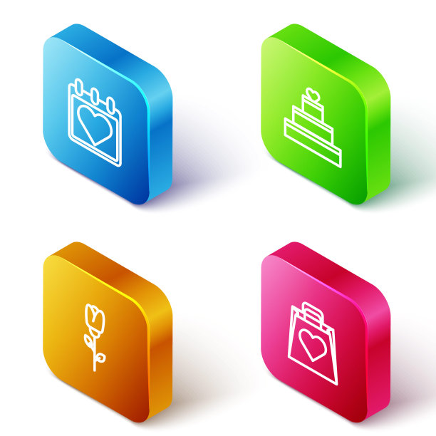 集等距线日历与心，婚礼蛋糕，花玫瑰和购物袋图标。向量图片下载