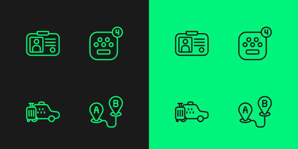 设置线路路线位置，出租车，驾驶执照和手机应用图标。向量图片下载