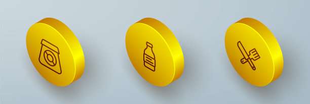 设置等距线在线订购食品，瓶装水和交叉刀叉图标。向量图片下载