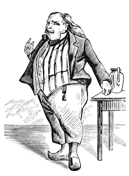 一个肥胖的男人站在桌子旁，左手放在桌子上，另一只手举着解释，说木屐图片下载