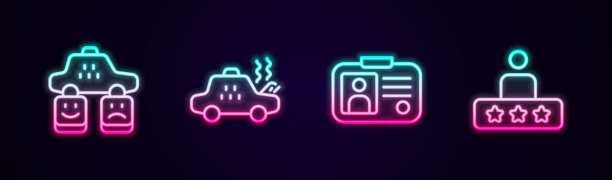 设一线出租车服务等级，破出租车，驾驶证等。发光的霓虹灯图标。向量图片下载